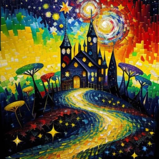 Starry Night Mosaic: Expressionist Oil Painting