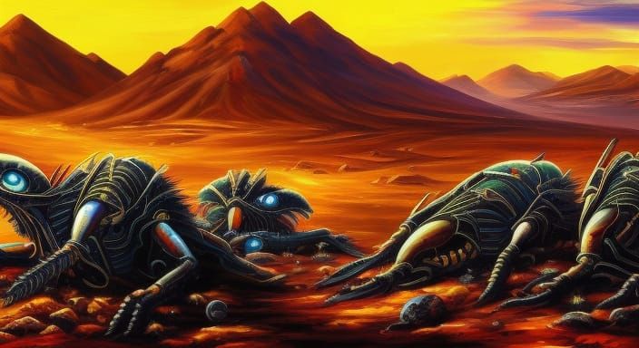 Alien Warriors in Post-Apocalyptic Dark Fantasy Landscape