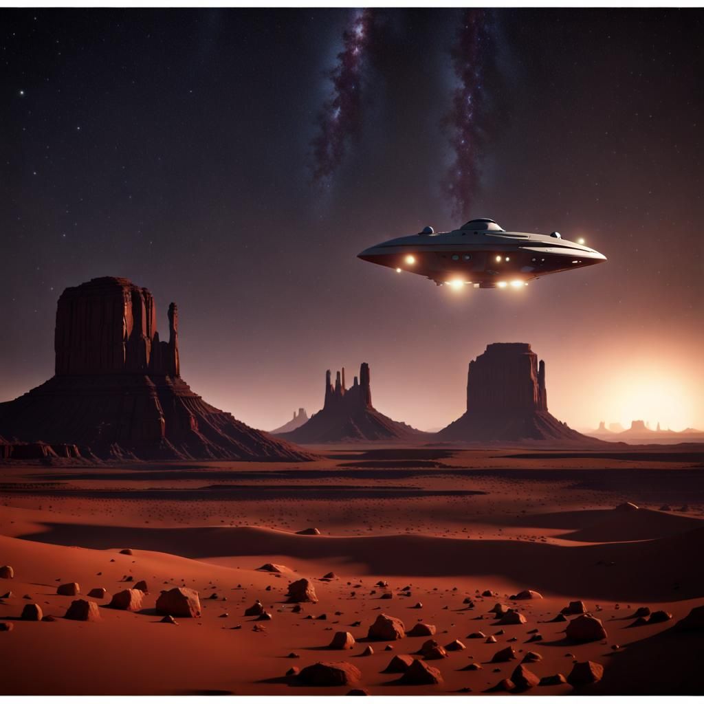 Starry Night Landing: Spacecraft in Monument Valley