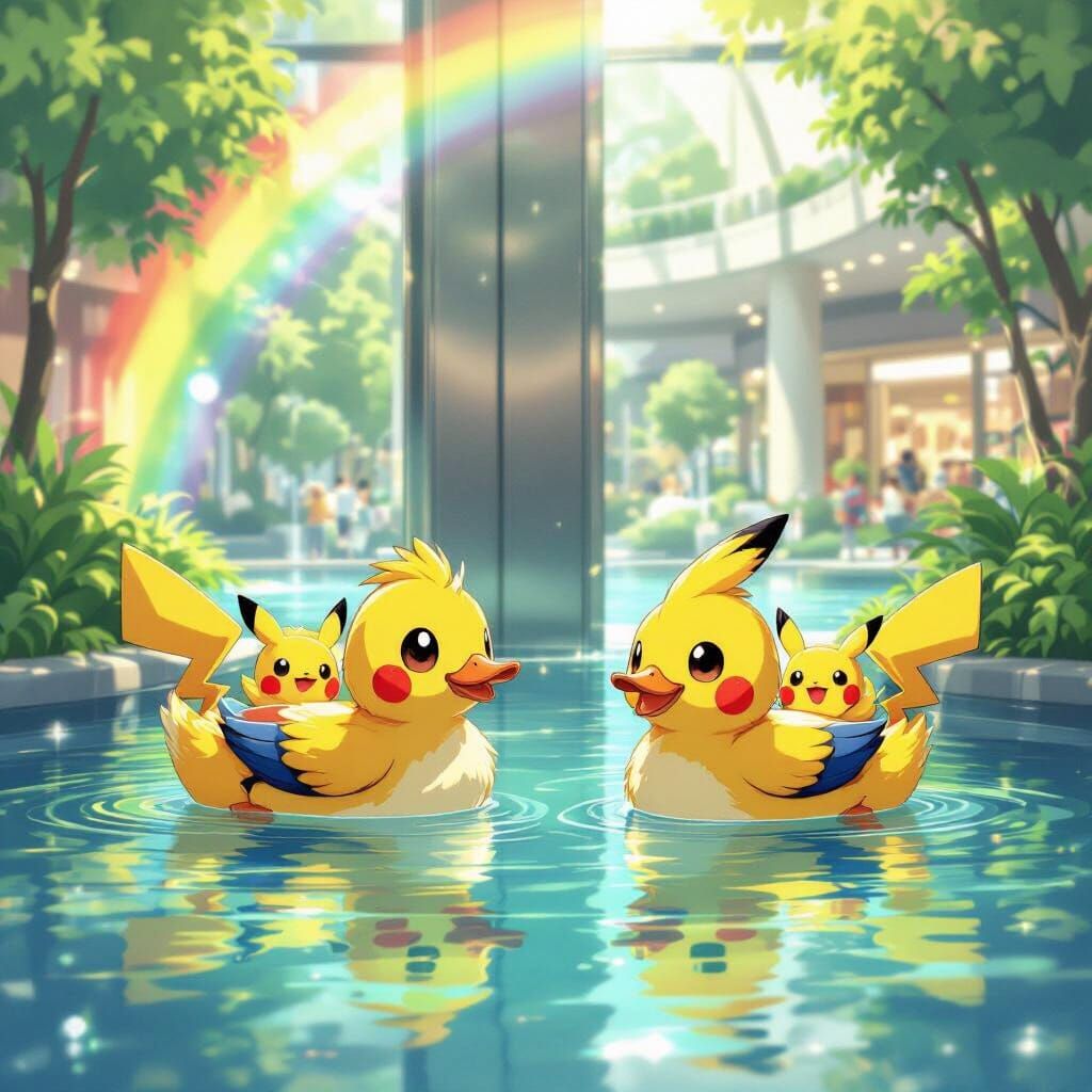 Ducks and Pikachu in Mall Elevator Anime Style
