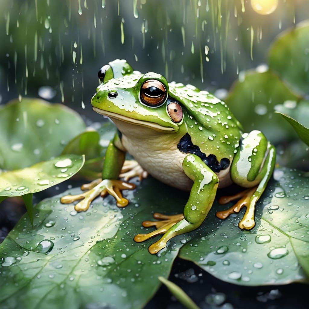 Frog Slipping in Rain, Watercolor in Beatrix Potter Style