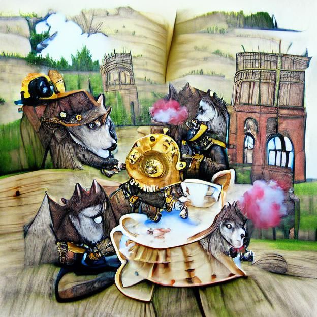 Wolves having tea party storybook illustration steampunk