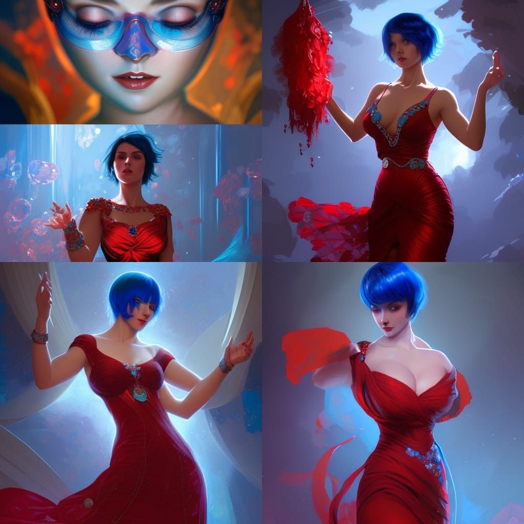 Blue-Haired Woman Dancing Near Crystals, Digital Art