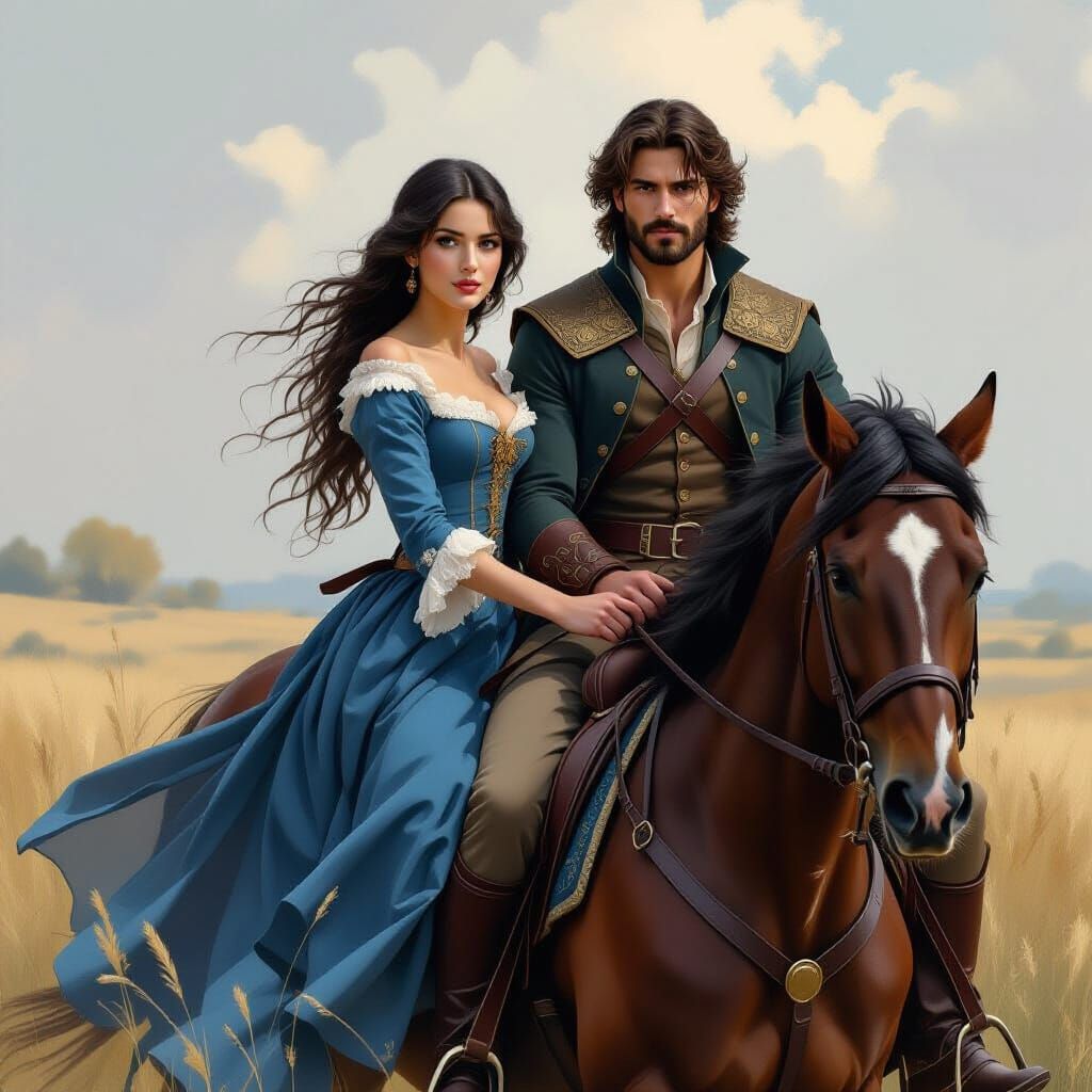 Woman and Warrior on Horseback in Romantic Style