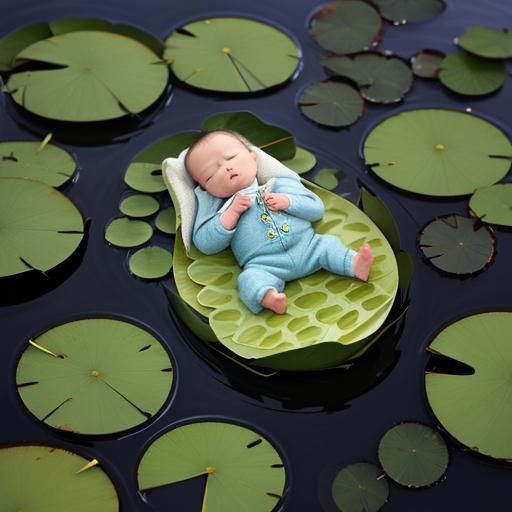 a baby sleeping on a water lilly