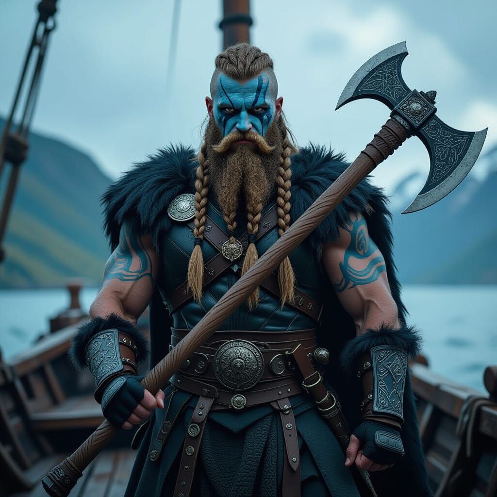 Viking Warrior Aboard Ship in Norwegian Landscape
