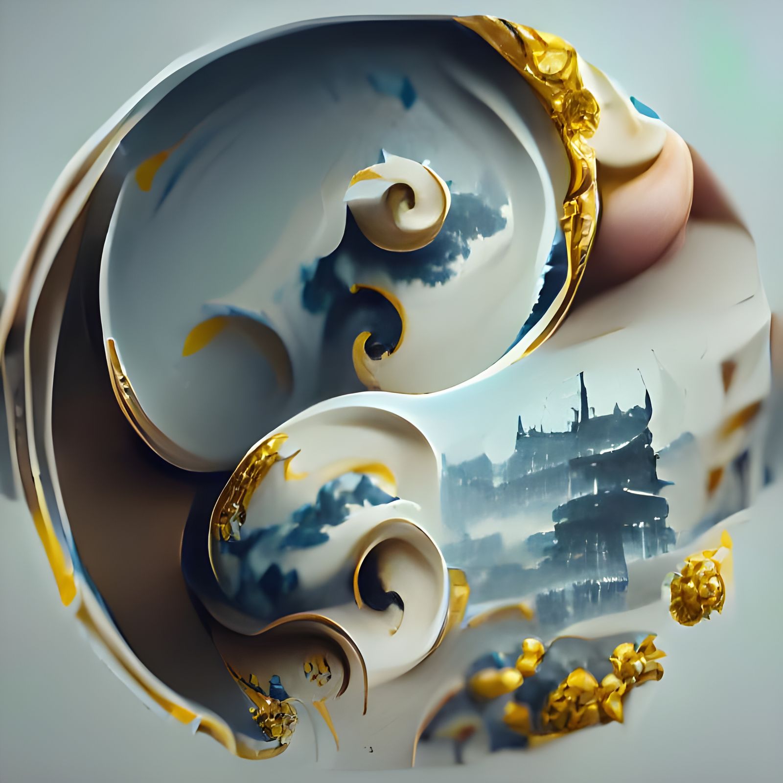 Gilded Chinese Porcelain Architecture in Matte Style