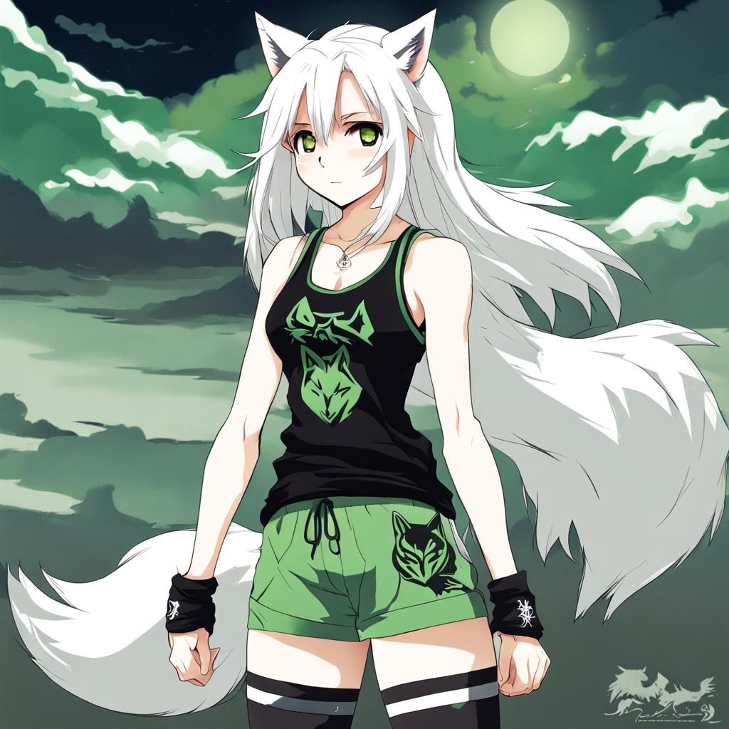 Anime Wolf Girl with White Hair in Manga Style