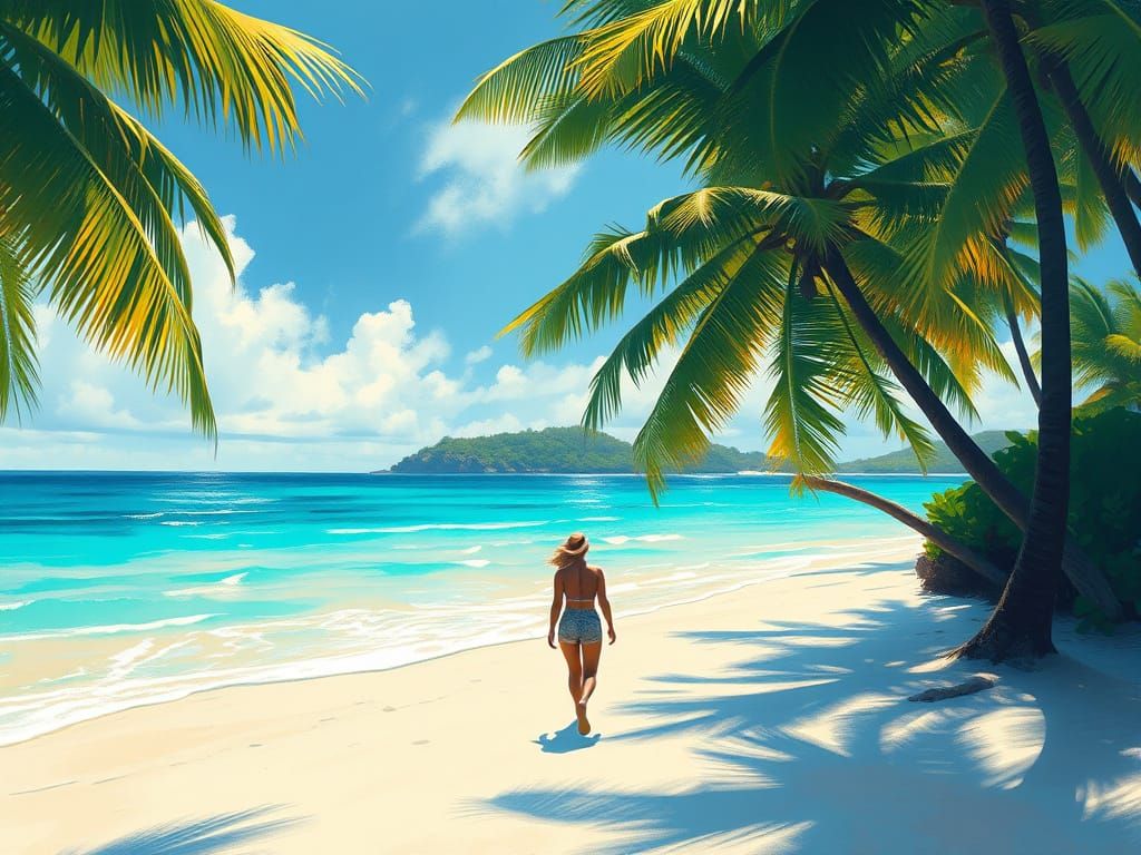 Tropical Beach Stroll in Dreamy Painterly Style