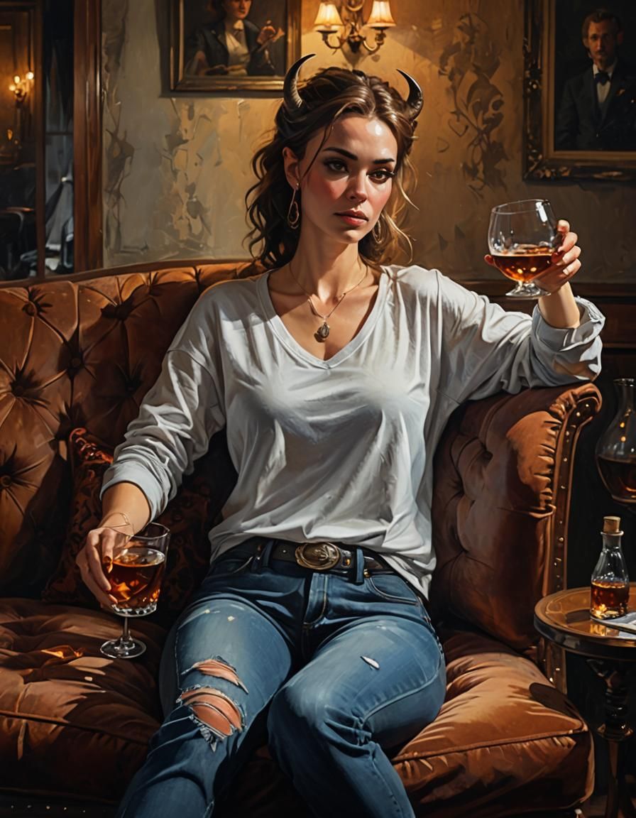 Horned Woman Lounging: Hyperrealistic Digital Painting