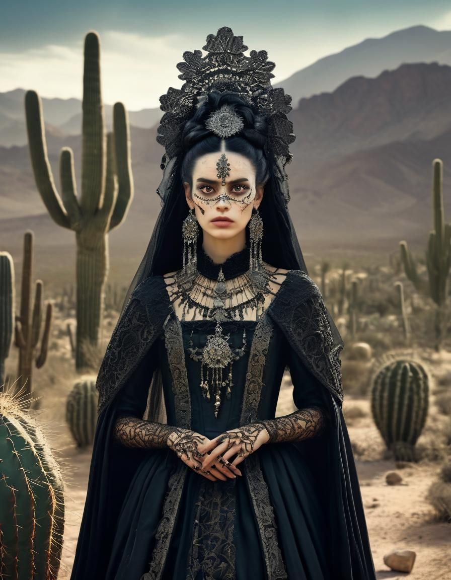 Spanish Spider Woman in Desert Landscape, Surreal Art