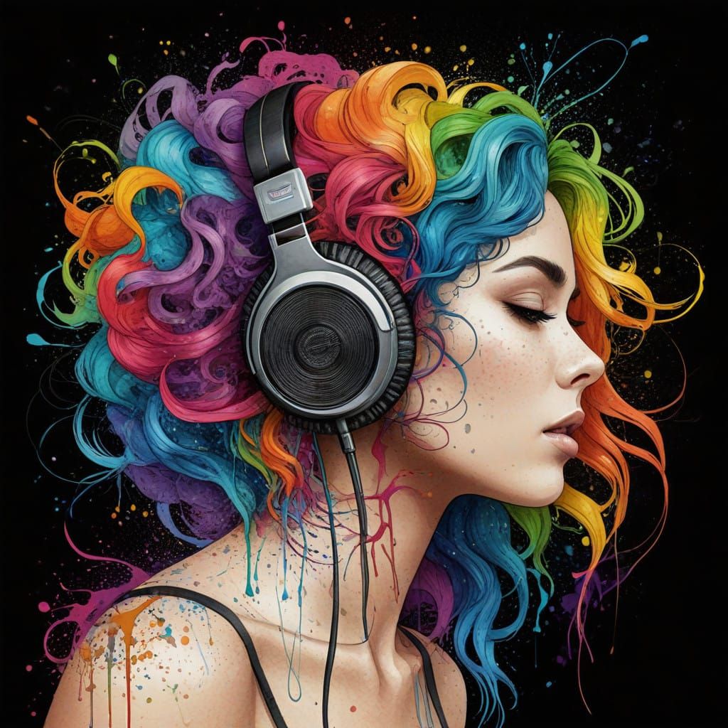 Fantasy Woman in a Record Shop, Listening to Music in Vibran...