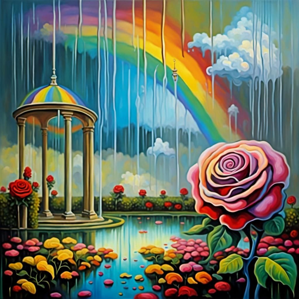 Surreal Rose Garden Rainbow in Dali Style