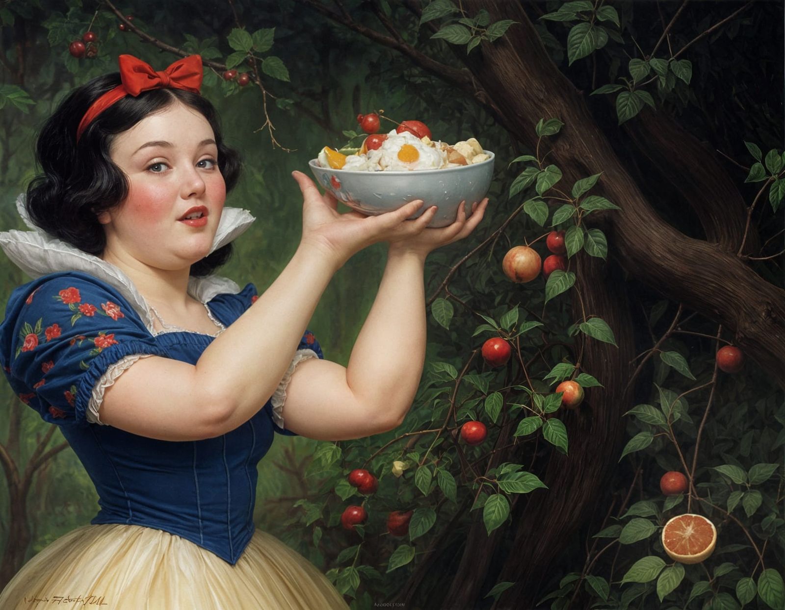 Obese Snow White Enjoying a Big Breakfast