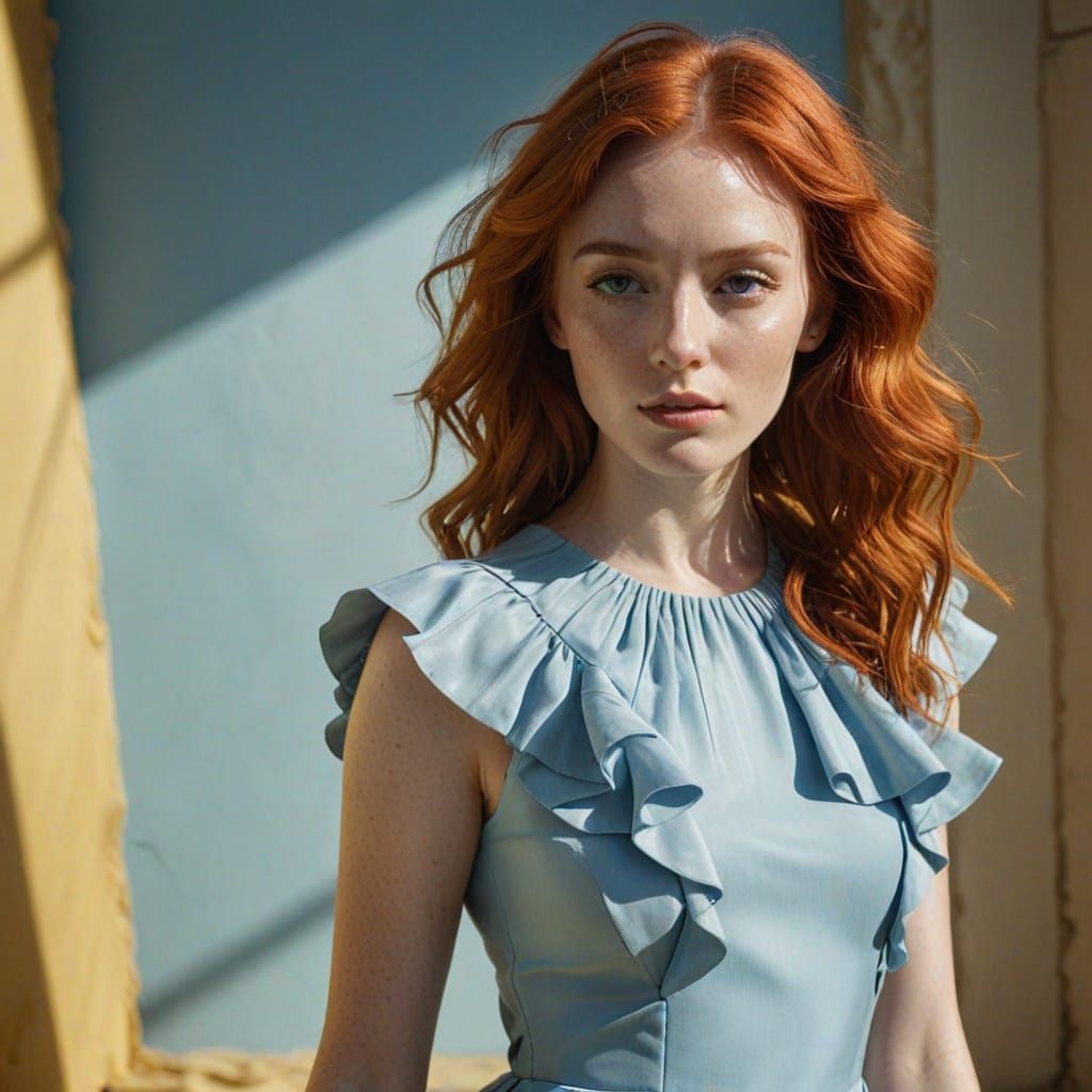 Fashion Portrait of Woman with Red Hair in Blue Dress