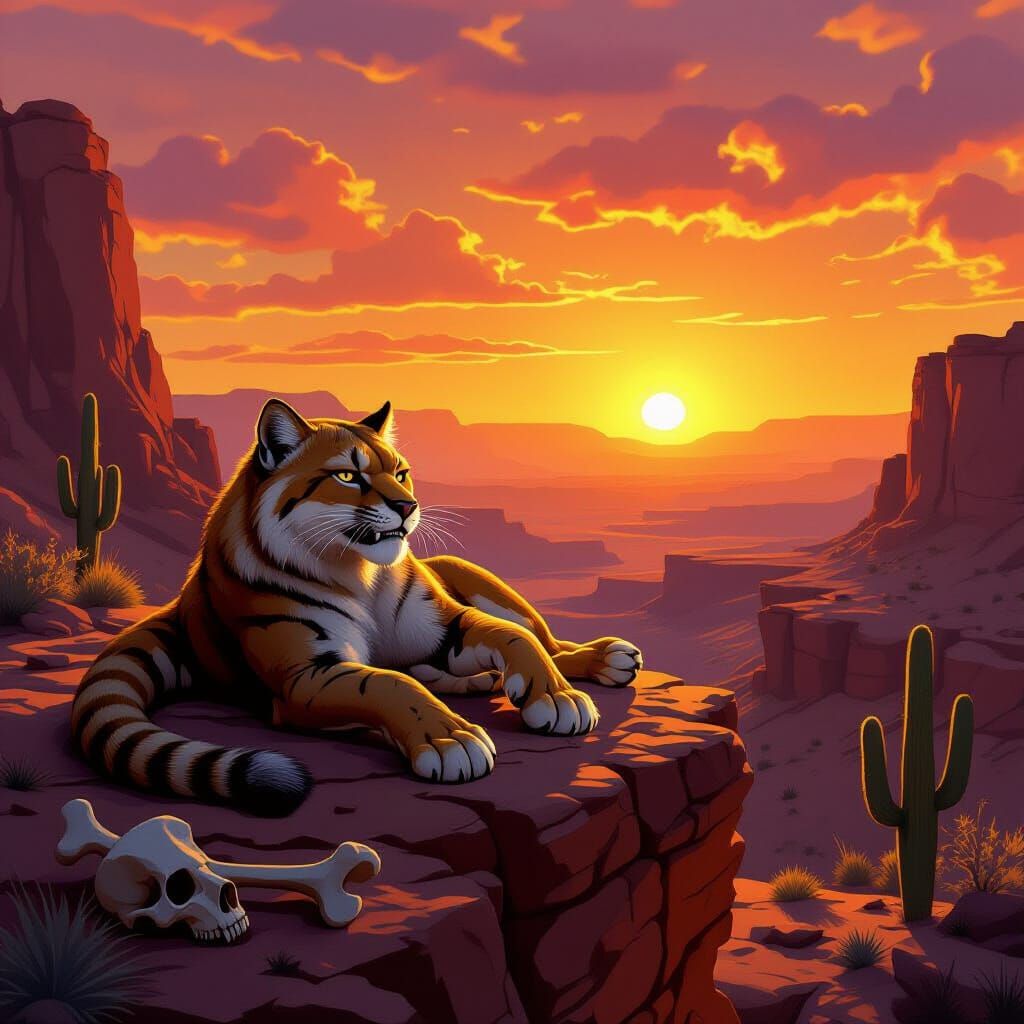 Saber-Toothed Cat Lounges at Sunset in Desert Canyon