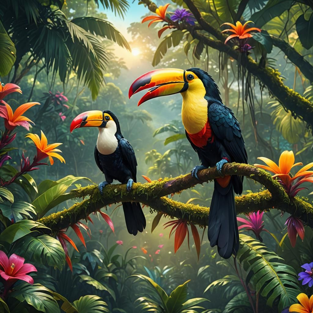 Toucan in Costa Rican Jungle, Art Nouveau Style
