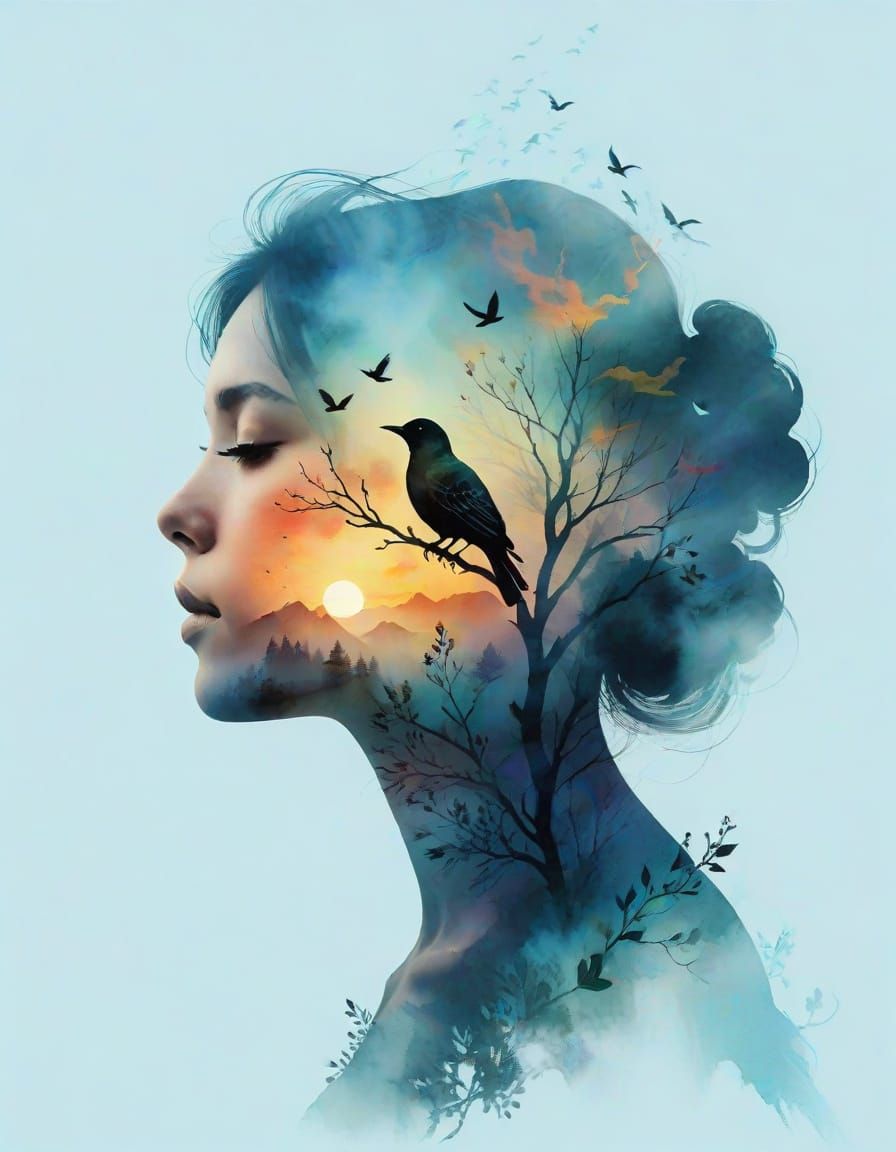 Dreamy Landscape Double Exposure in Watercolor Style