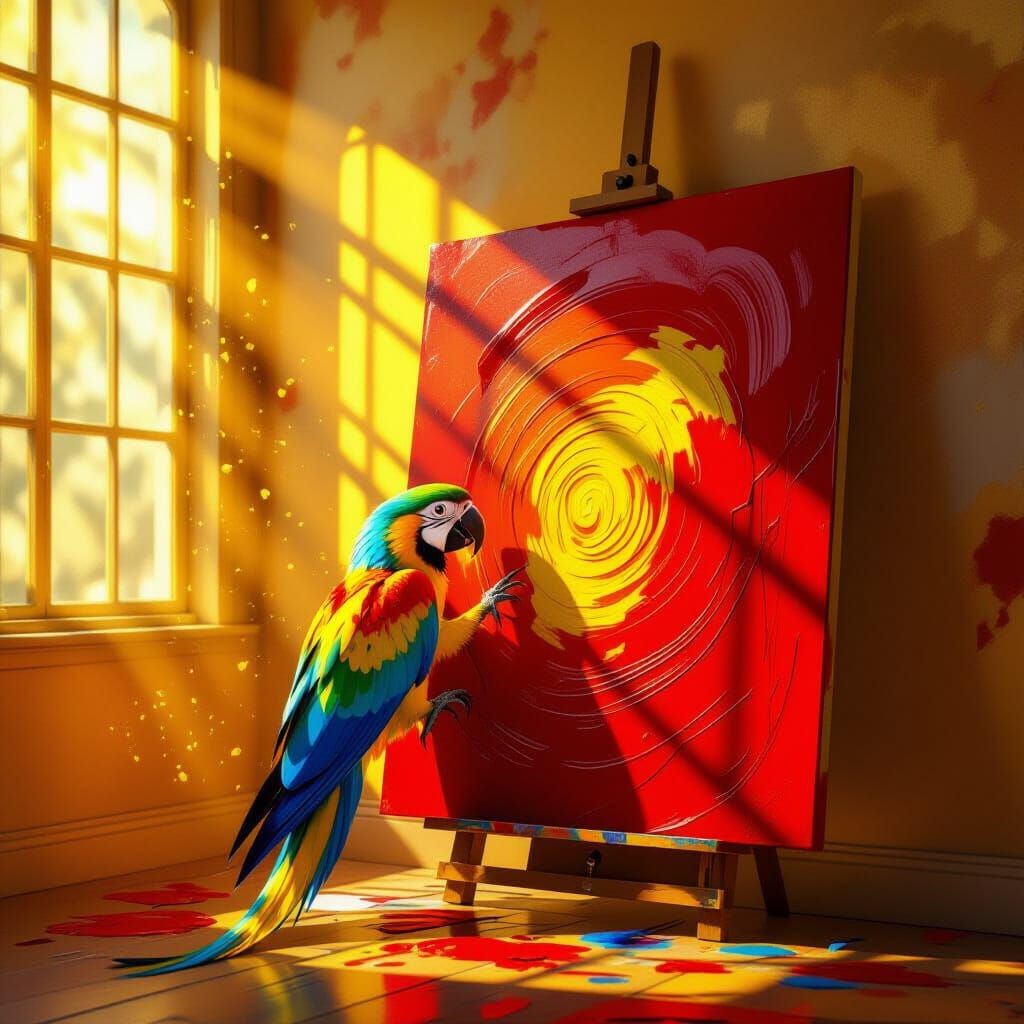 Parrot Paints Abstract Art in Golden Room