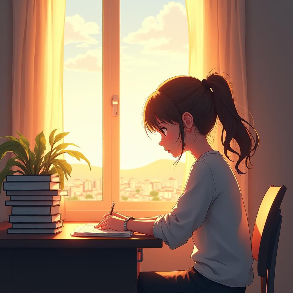 Sunlit Student: Manga-Inspired Study Scene