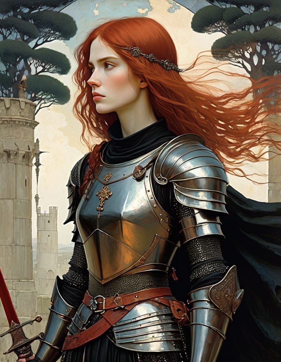 Red Haired Knight in Black Armor Painting
