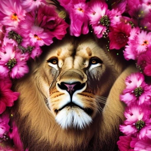 Lion Adorned with Flower Crown on Glittery Background