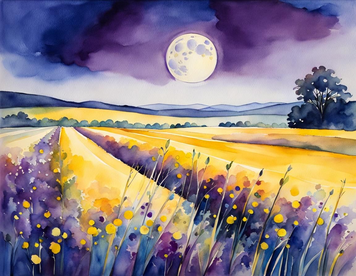 Ethereal Harvest Moon over Field in Watercolor