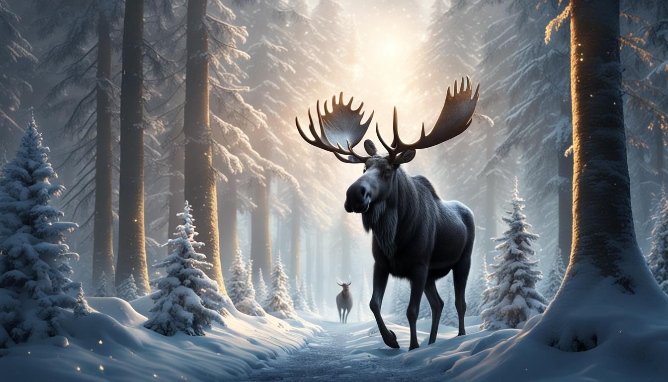 "A moose is standing on a path in an snowy mystical forest"