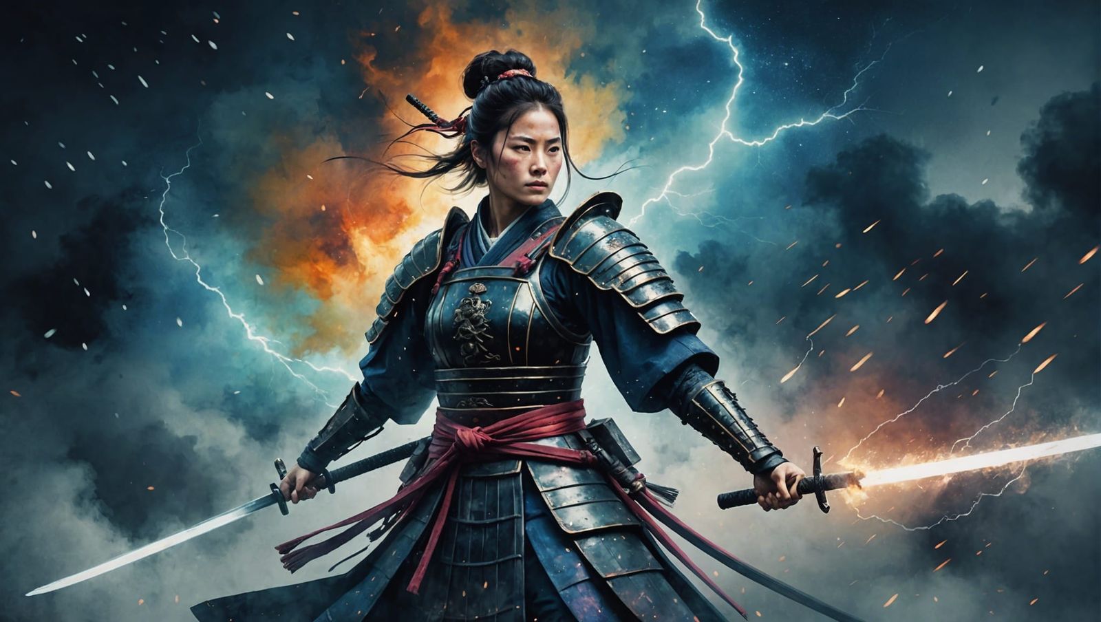 Glass Samurai Under Nebula Sky in Watercolor Style