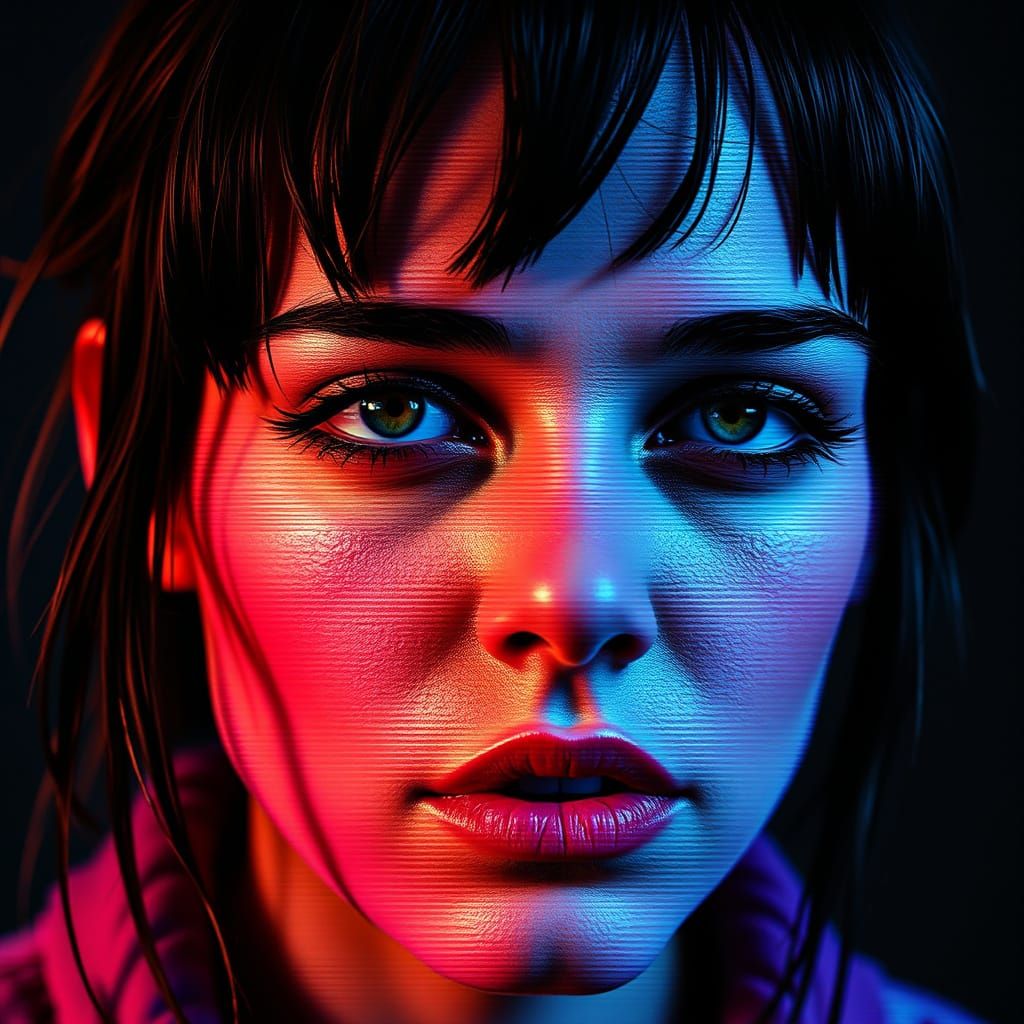 Distorted Woman: Glitched Pixel Art in Cyberpunk Style