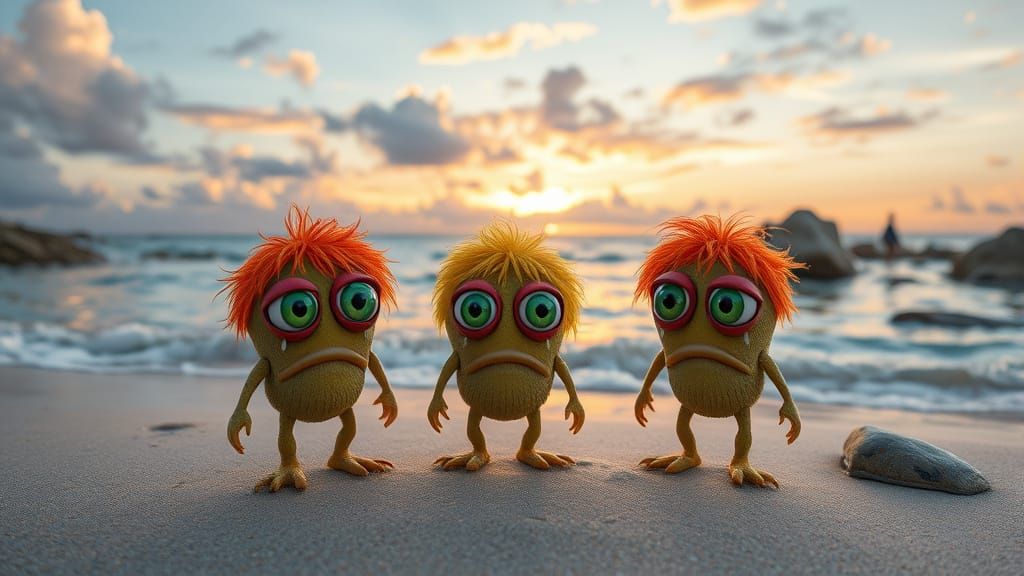 Whimsical Beach Monsters in a Sad Sunset Scene