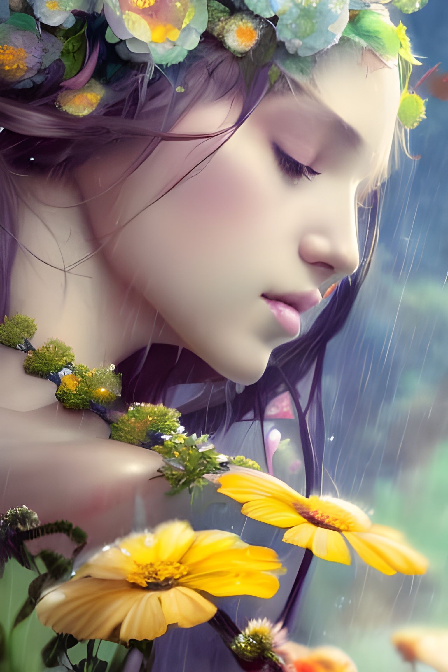 Flower Queen in Rain: Hyperdetailed Fantasy Portrait
