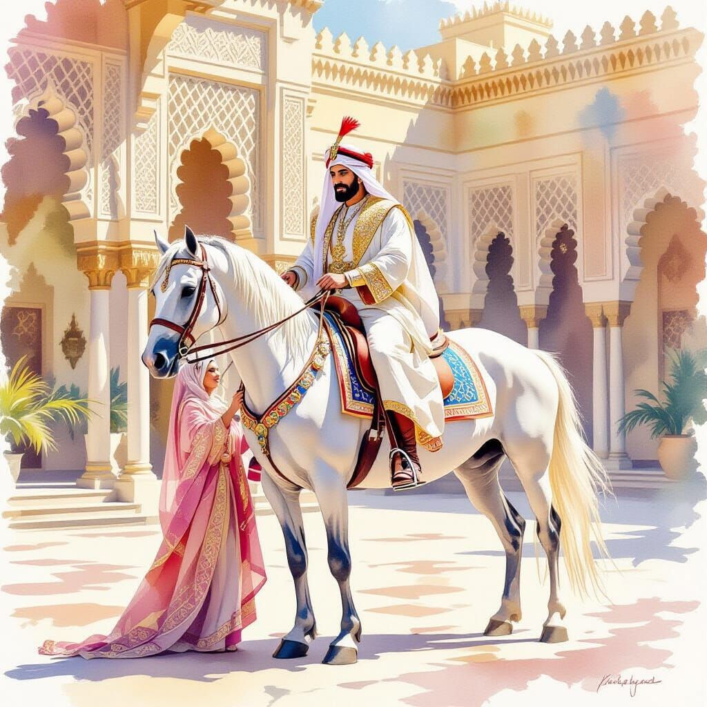 Sultan Attempts to Mount Arabian Horse in Courtyard