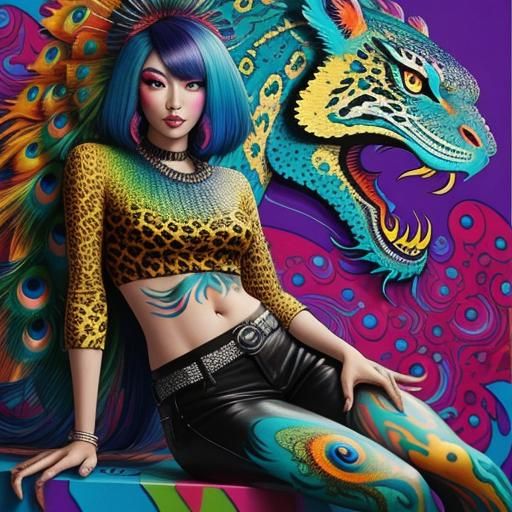 Colorful Asian Woman with Dragon Scales in Graffiti Art