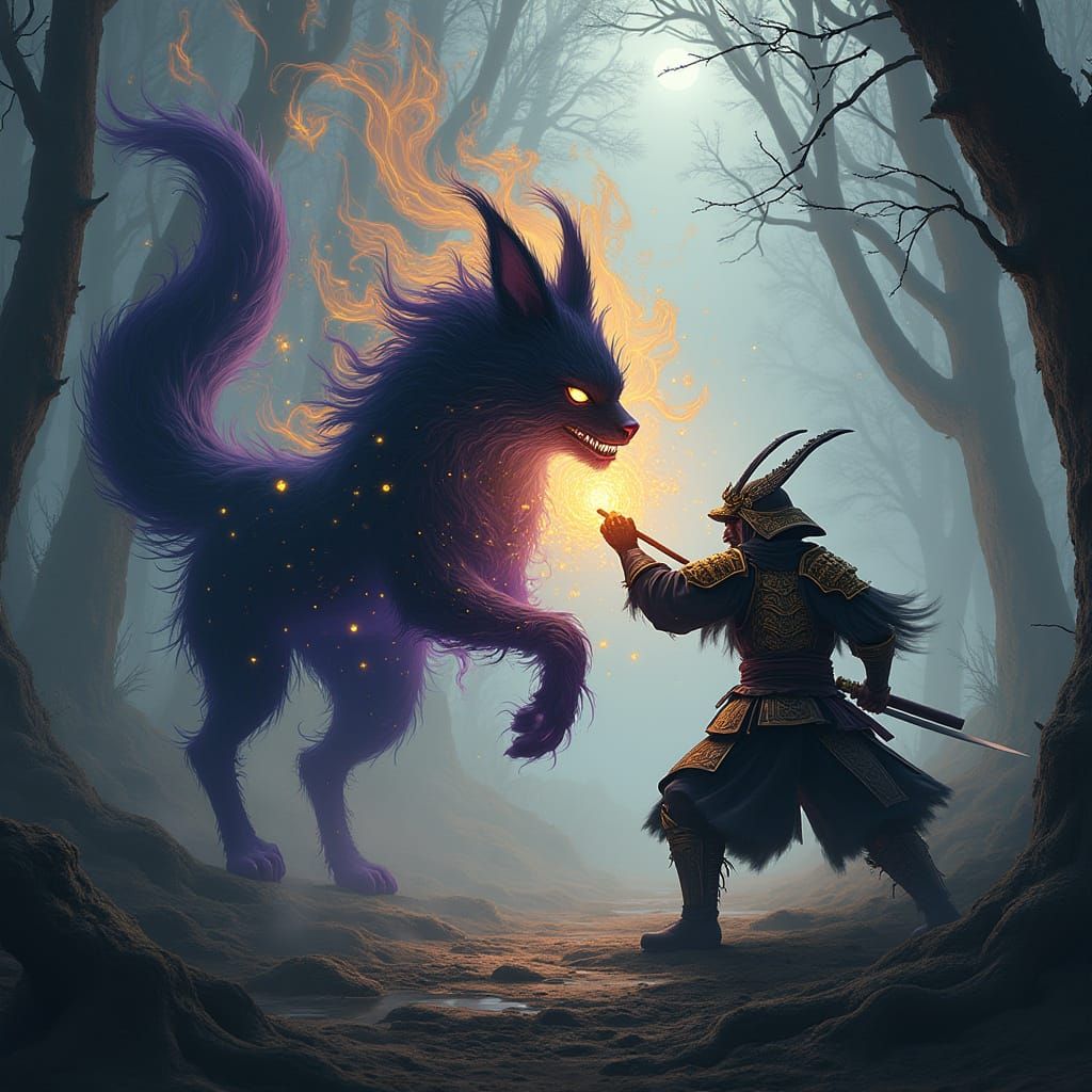 Majestic Black Kitsune Battles Samurai in Dark Fantasy Realm