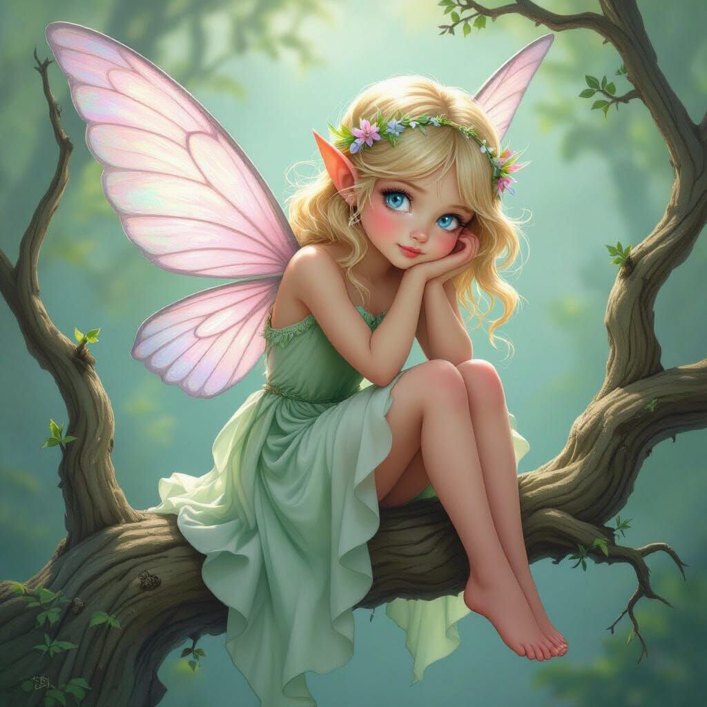 Blonde Fairy with Translucent Wings in Whimsical Style