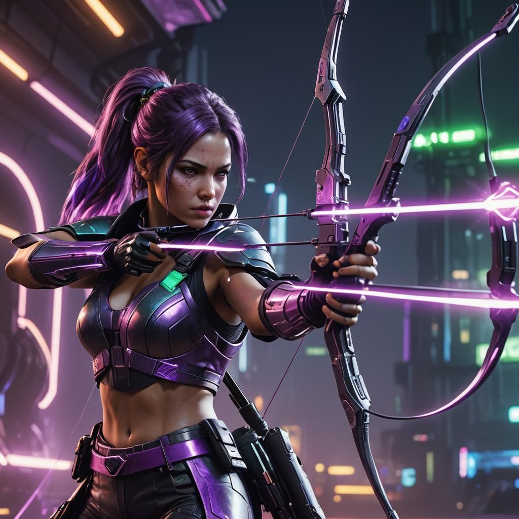 Cyberpunk Archer Fires Arrow at Glowing Target