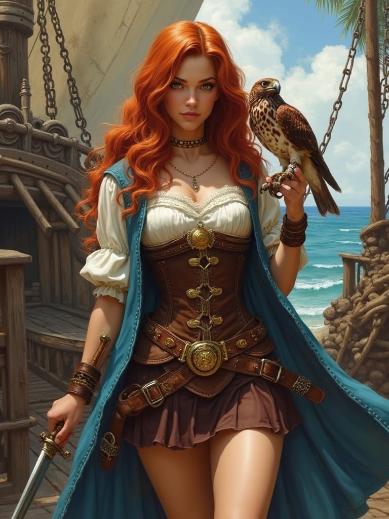 Fantasy Woman on Pirate Ship Deck in Dynamic Realism