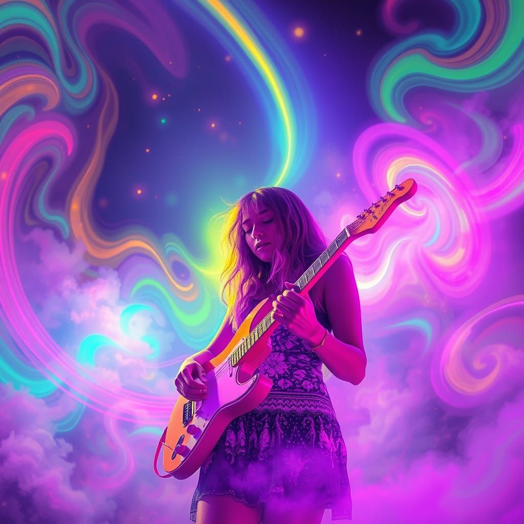 Psychedelic Guitarist in a Dreamy Neon Landscape