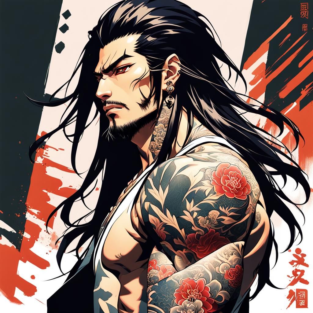 Dynamic Yakuza Portrait in Manga Style