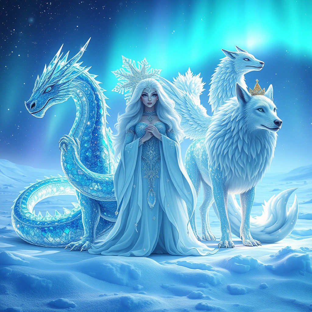 Mystical Snow Creatures Gather Under Aurora Borealis