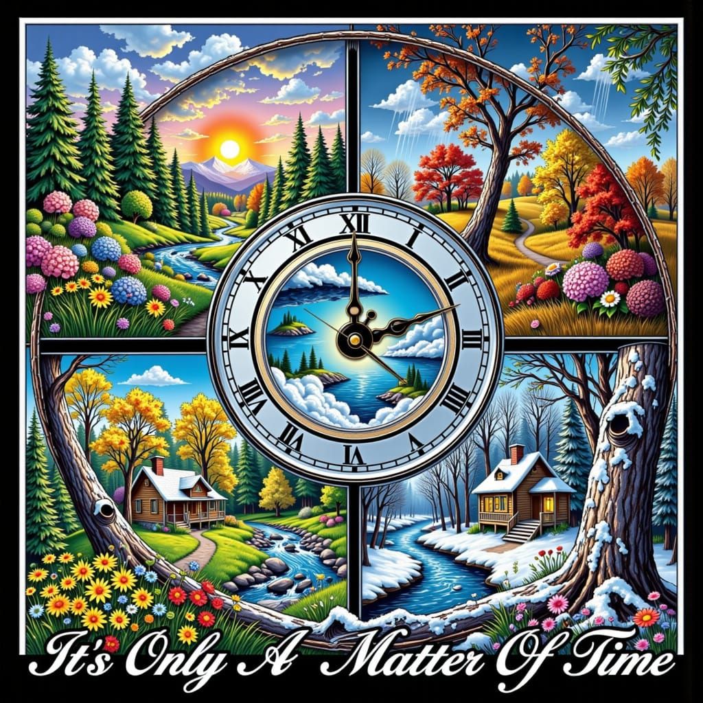 Four Seasons Landscape Clock with Text, Hyperrealistic