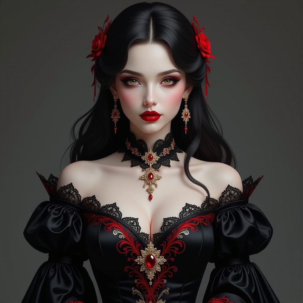 Gothic Portrait: Woman in Ornate Black Gown