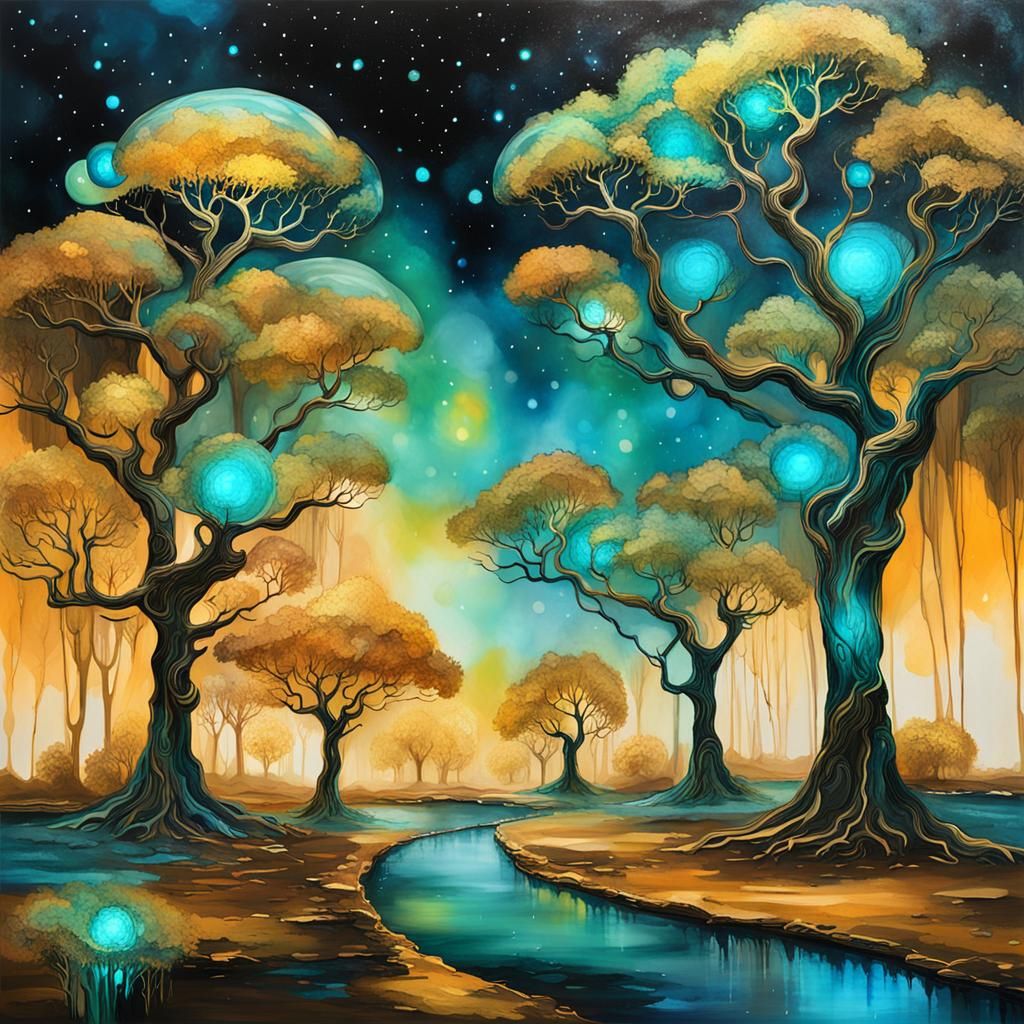 Bioluminescent Trees in a Futuristic Park