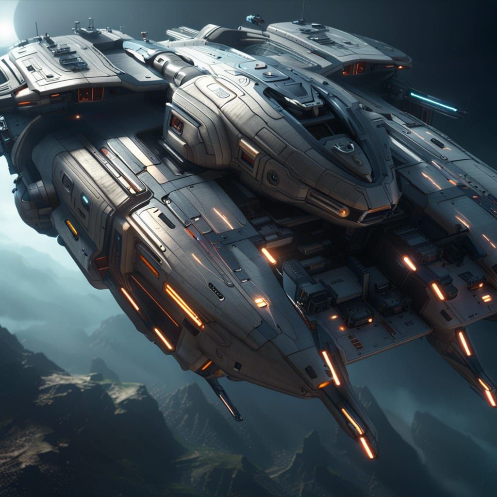 Sleek Militaristic Spaceship in Detailed Matte Painting
