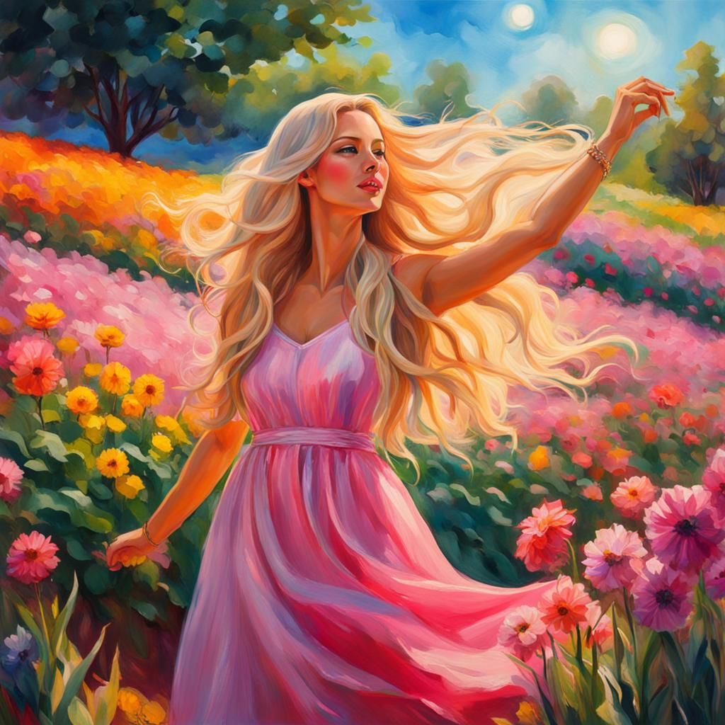 Lady Dancing in Flower Field: Fauvist Impression