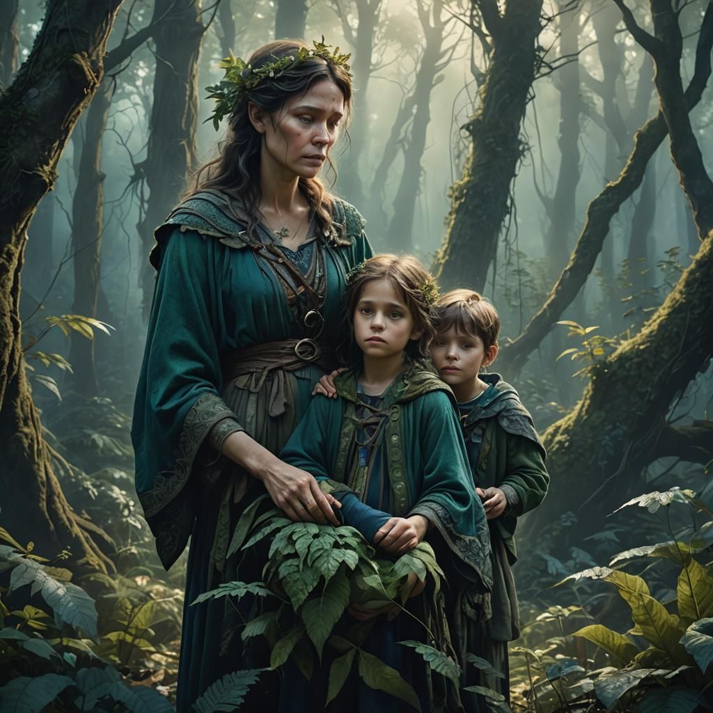 Mother and Children in Mystical Forest: Matte Painting