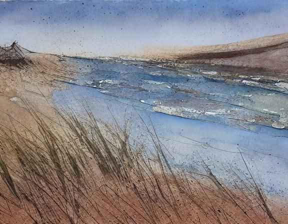 Coastal Dune Landscape in Watercolor Style