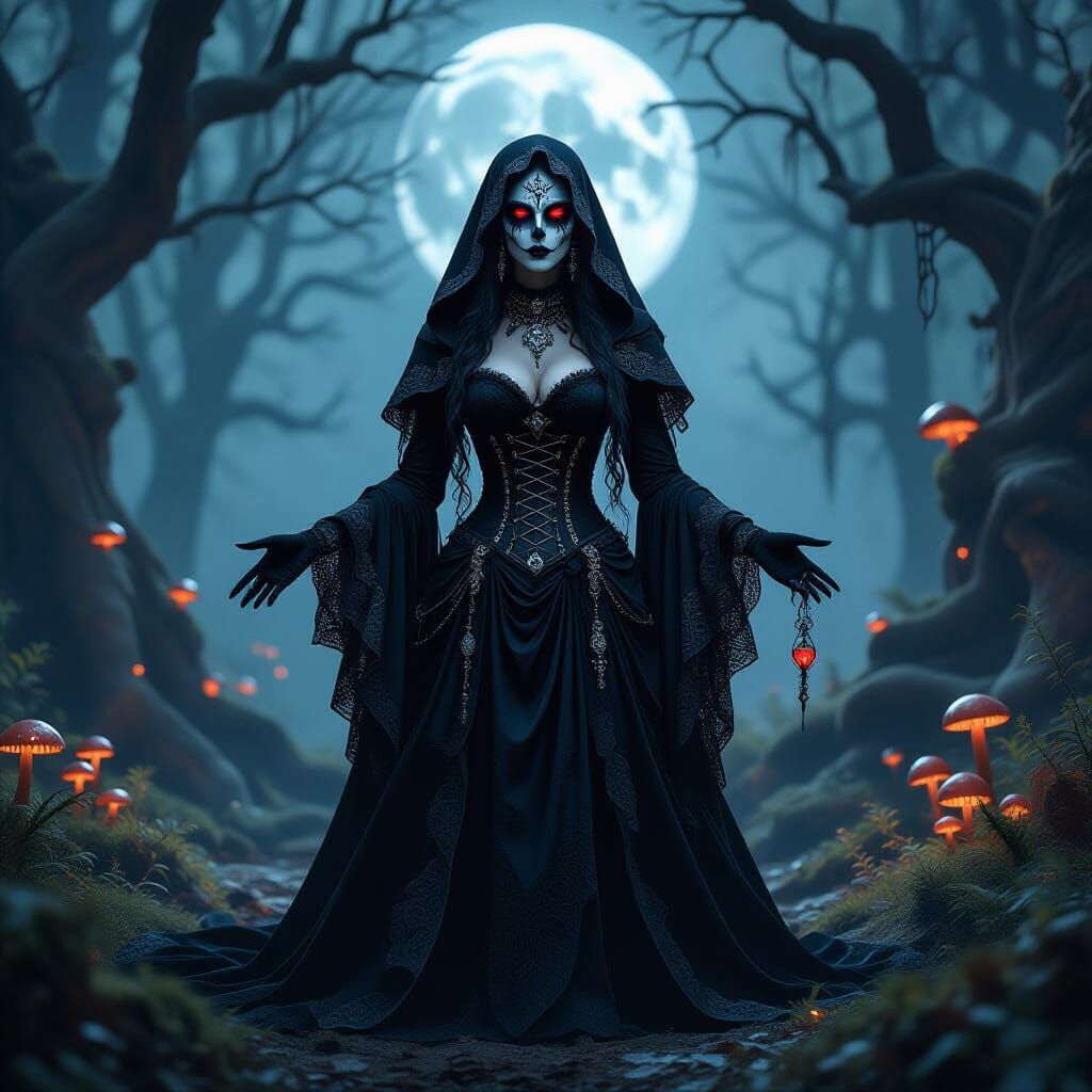 Gothic Forest Witch in Moonlit Glade