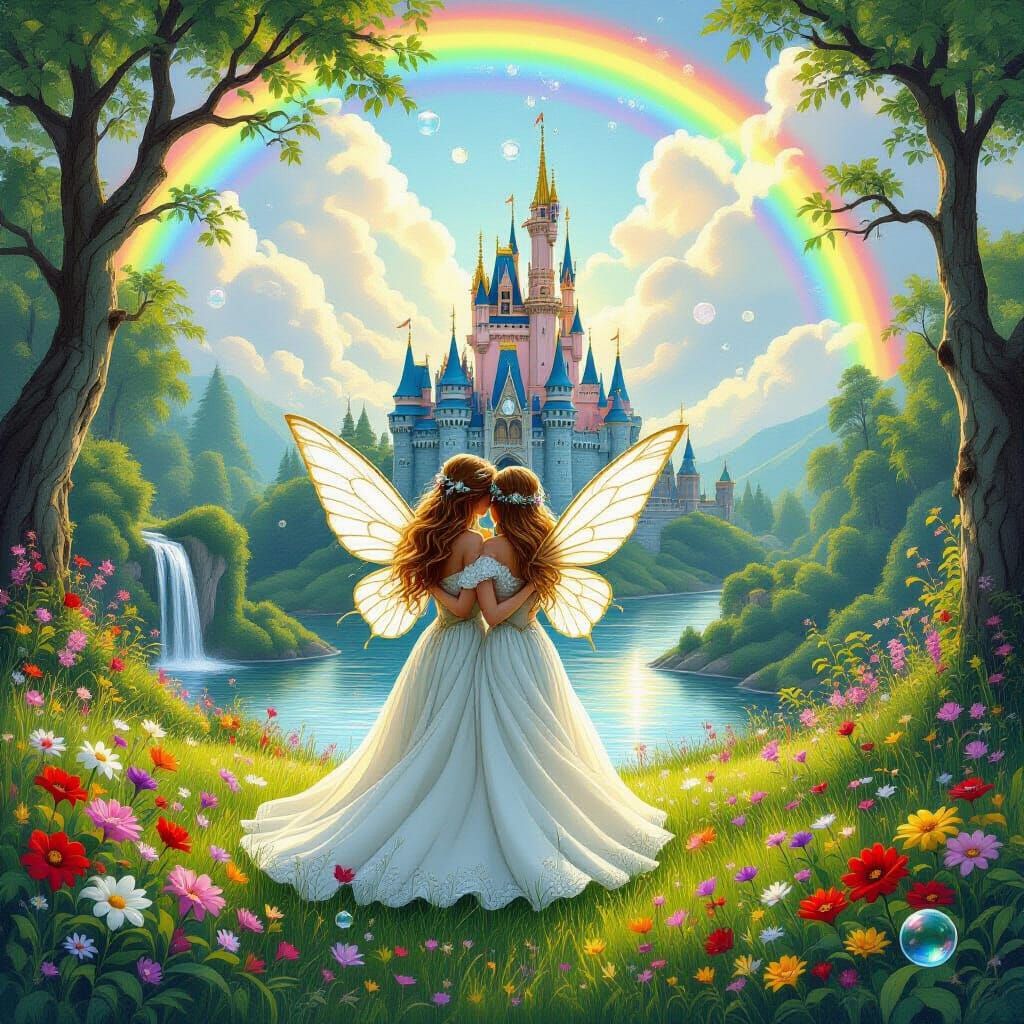 Fairy Lovers Embrace in Dreamy Landscape